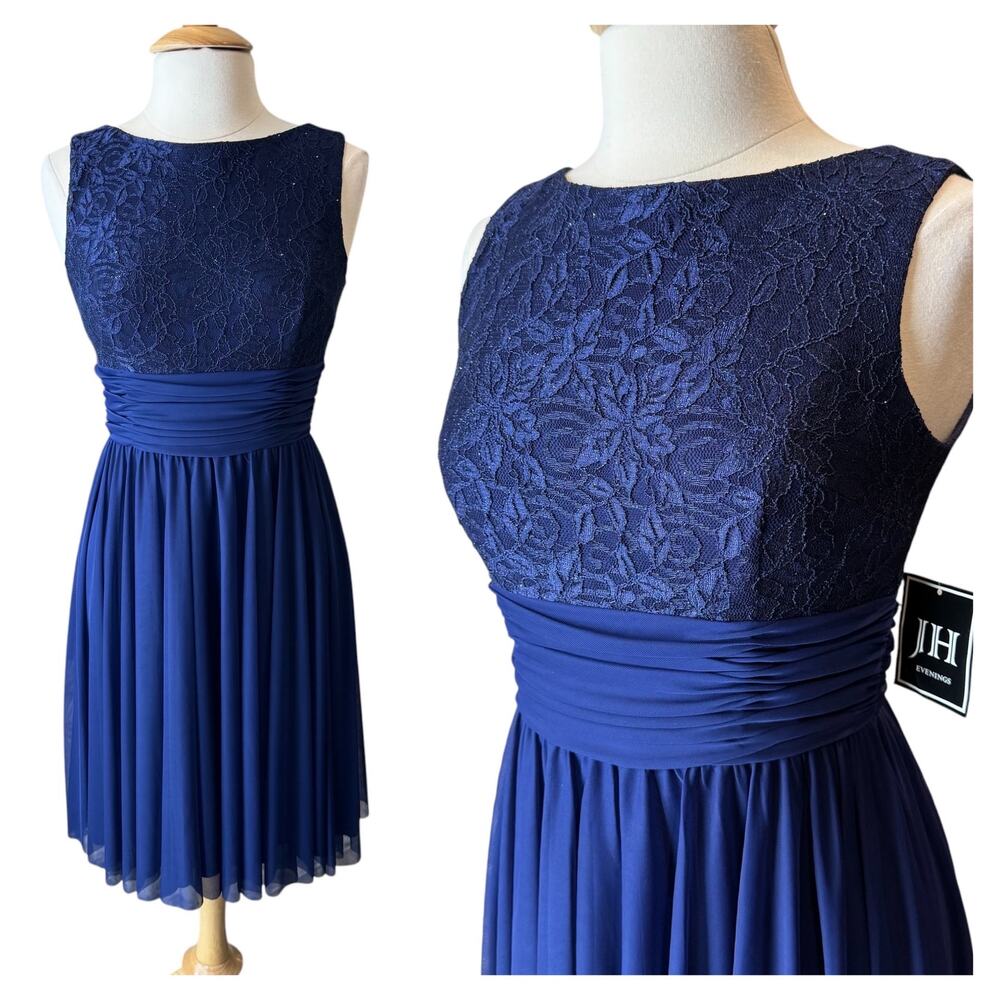 NWT JH Evenings Navy Blue Lace Chiffon Fit & Flare Dress 8 Wedding Guest